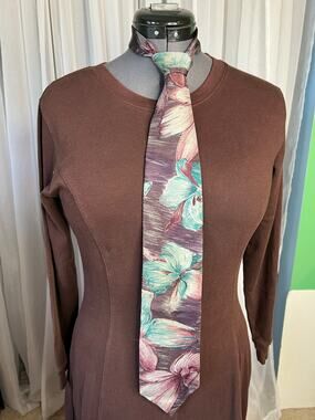 Tie vintage 1980s floral purple green 100% silk